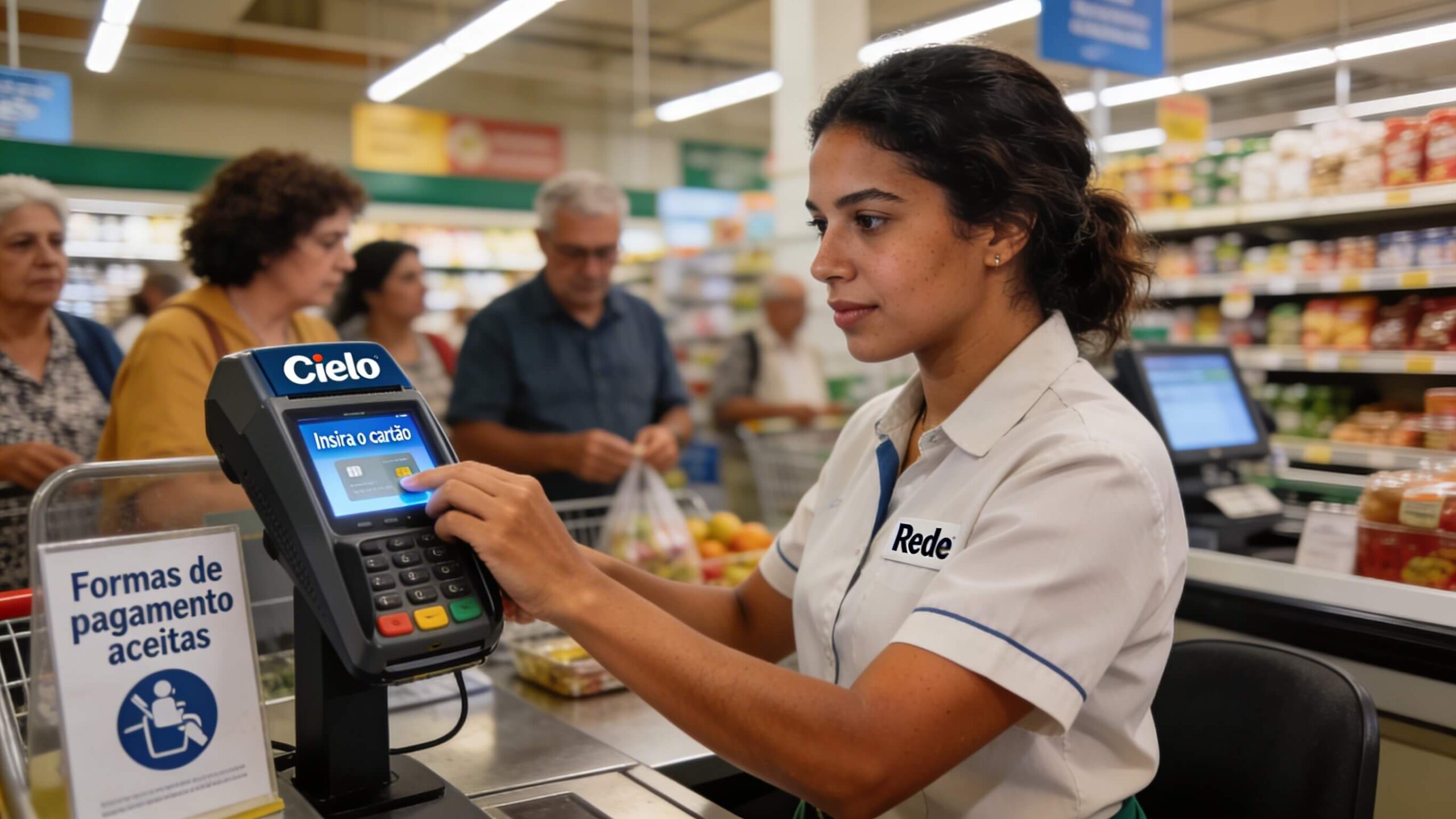 Máquina de cartão oficial Cielo sendo usada em supermercado brasileiro