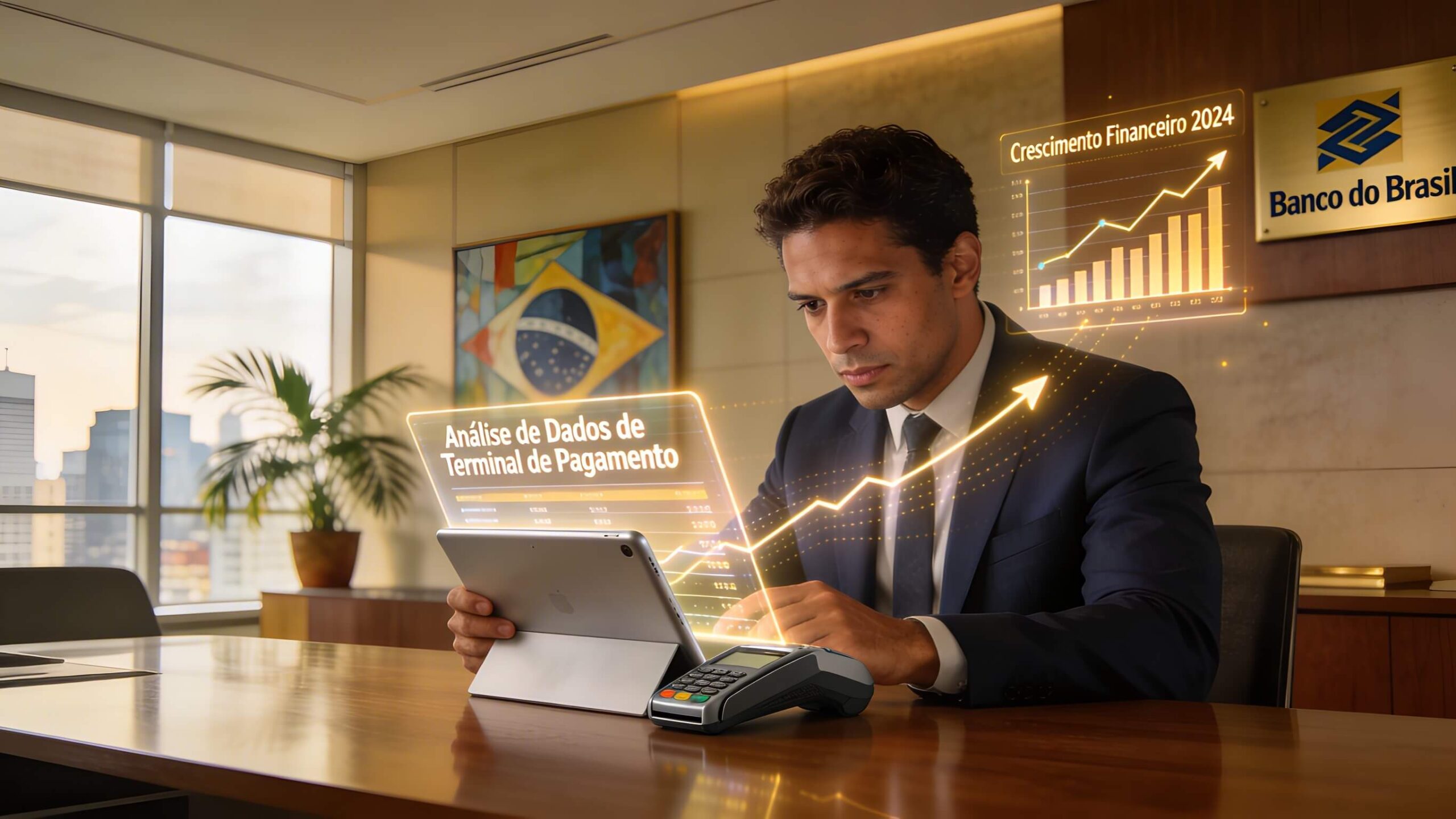 Empresário brasileiro analisando dados de máquina de cartão com gráficos de crescimento financeiro