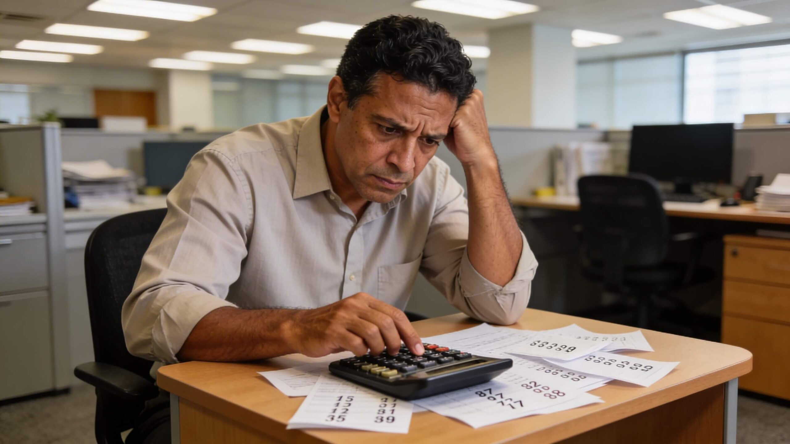 Empresário brasileiro calculando custos de máquina de cartão em escritório