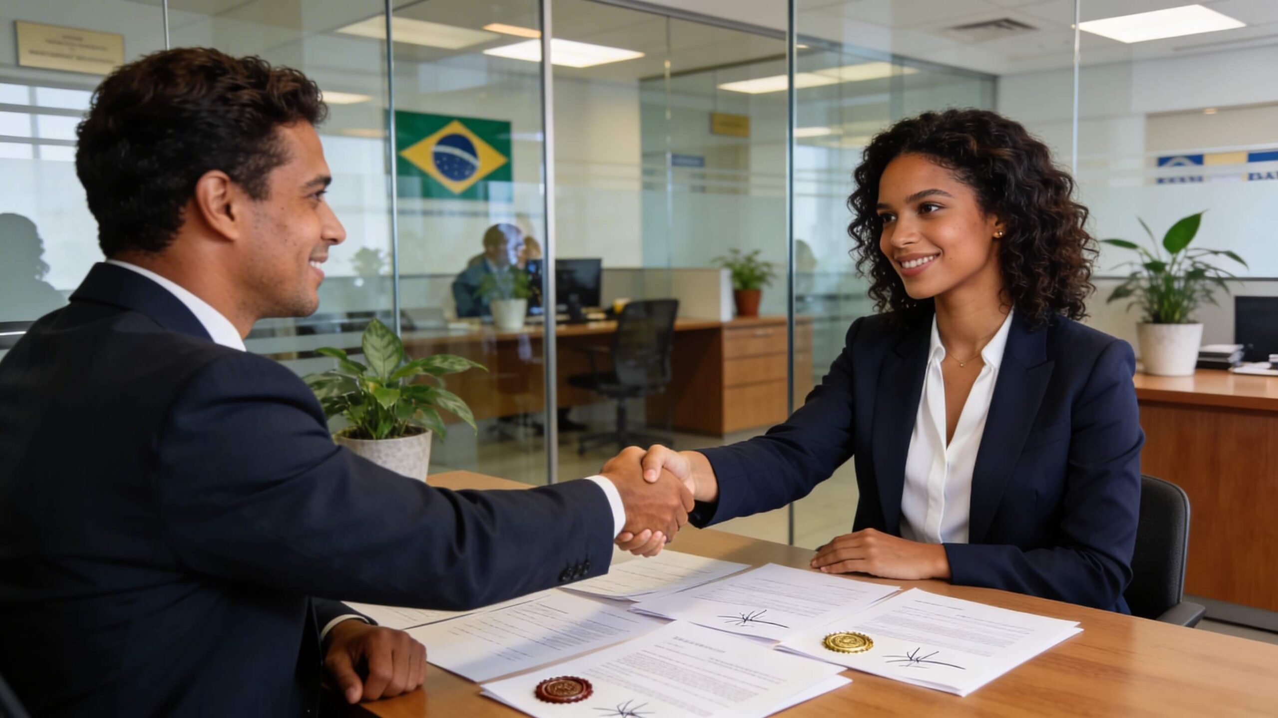 Executiva brasileira fechando acordo de crédito bancário em reunião