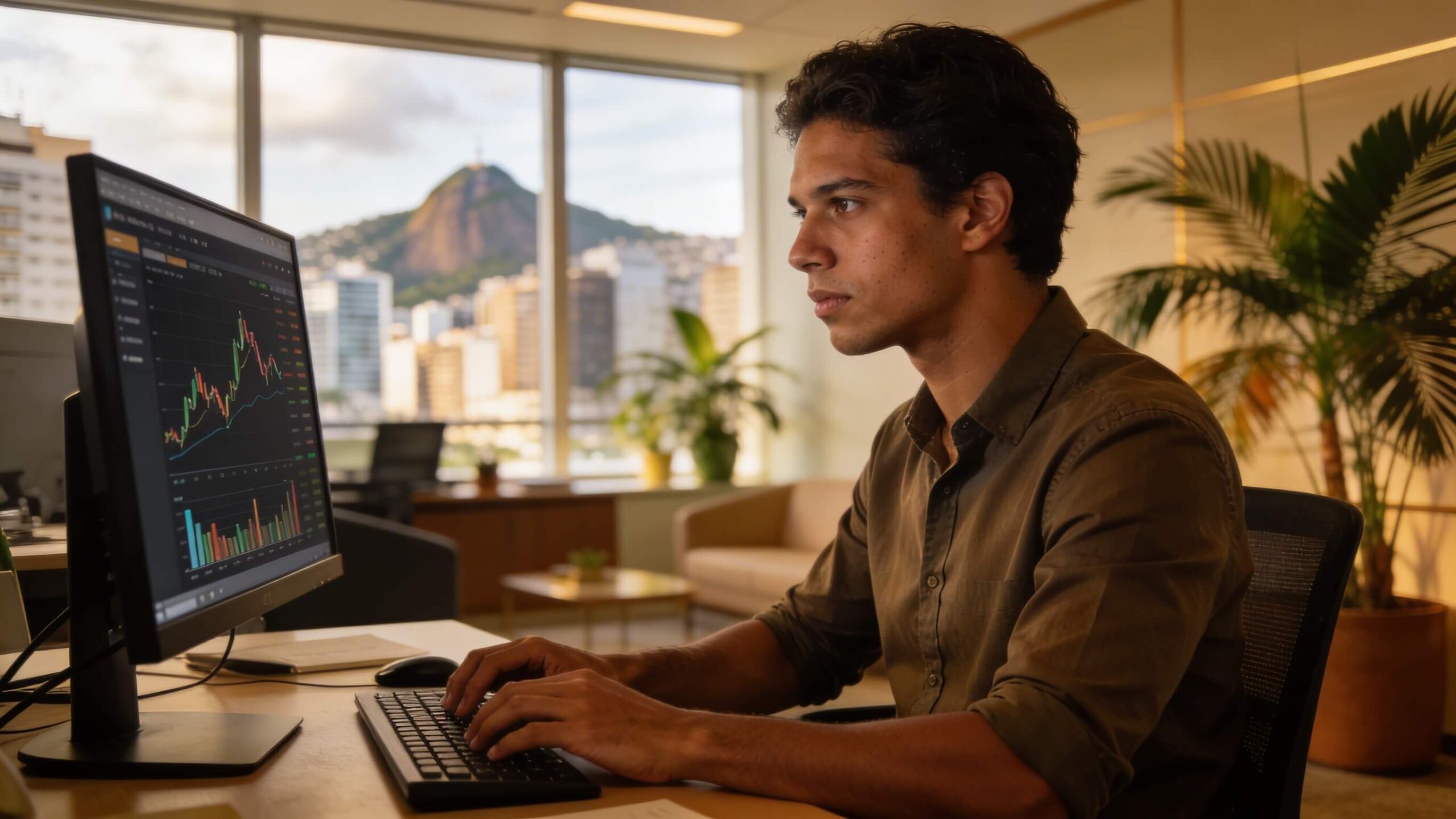 Analista bancário brasileiro avaliando dados financeiros para crédito empresarial