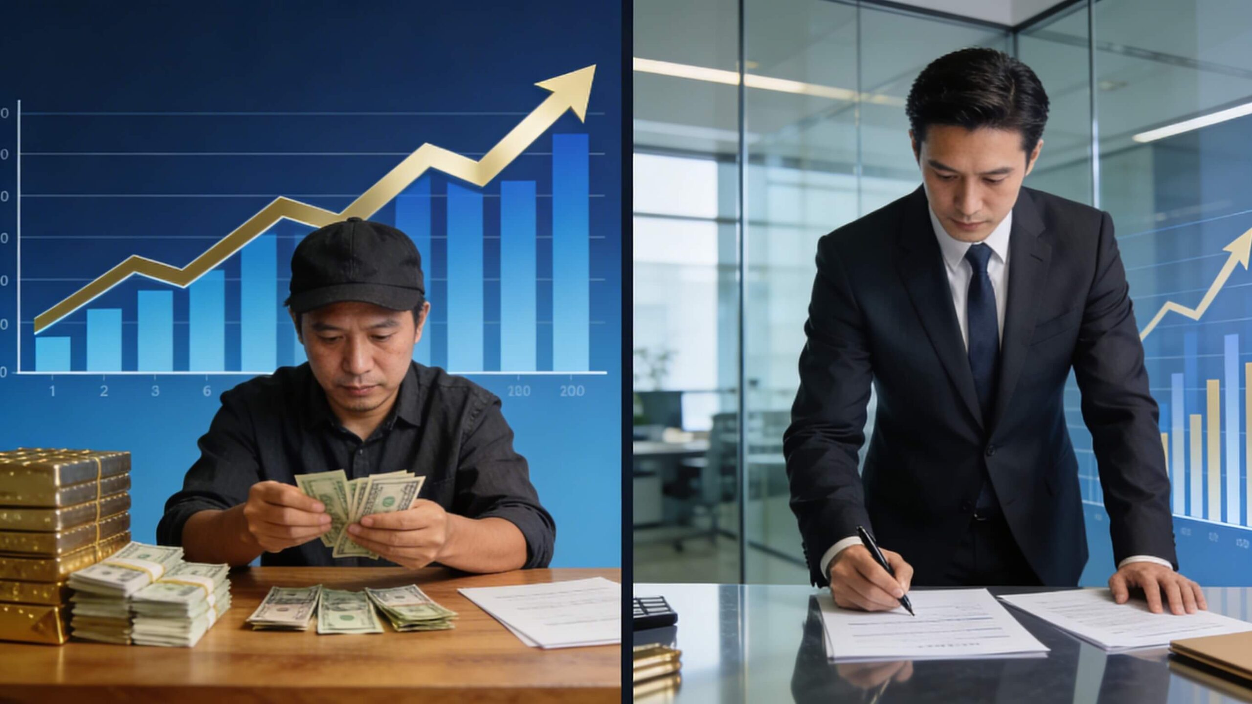 Empresário pequeno usando dinheiro próprio vs grande empresa usando crédito bancário para crescimento