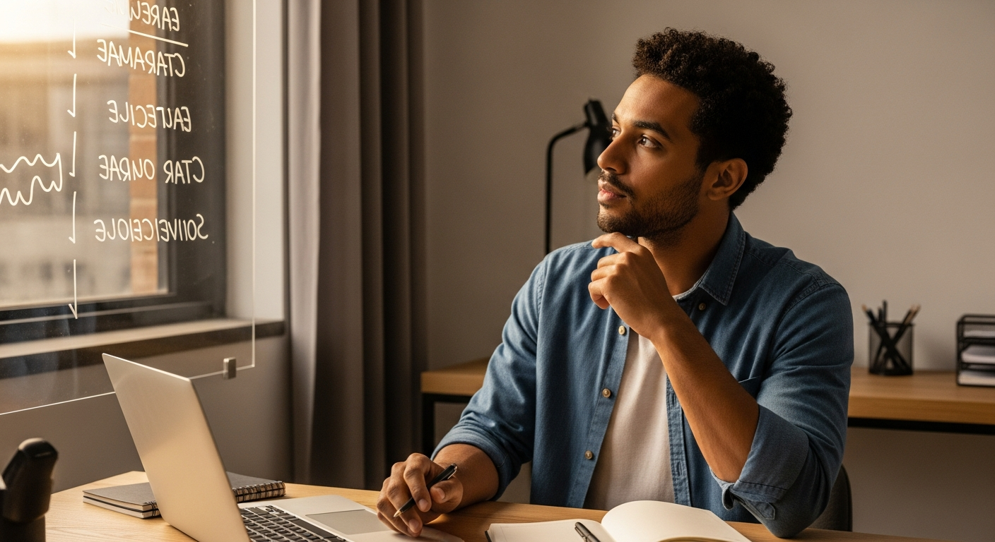 Empresário brasileiro planejando objetivo financeiro antes de abrir conta PJ em banco