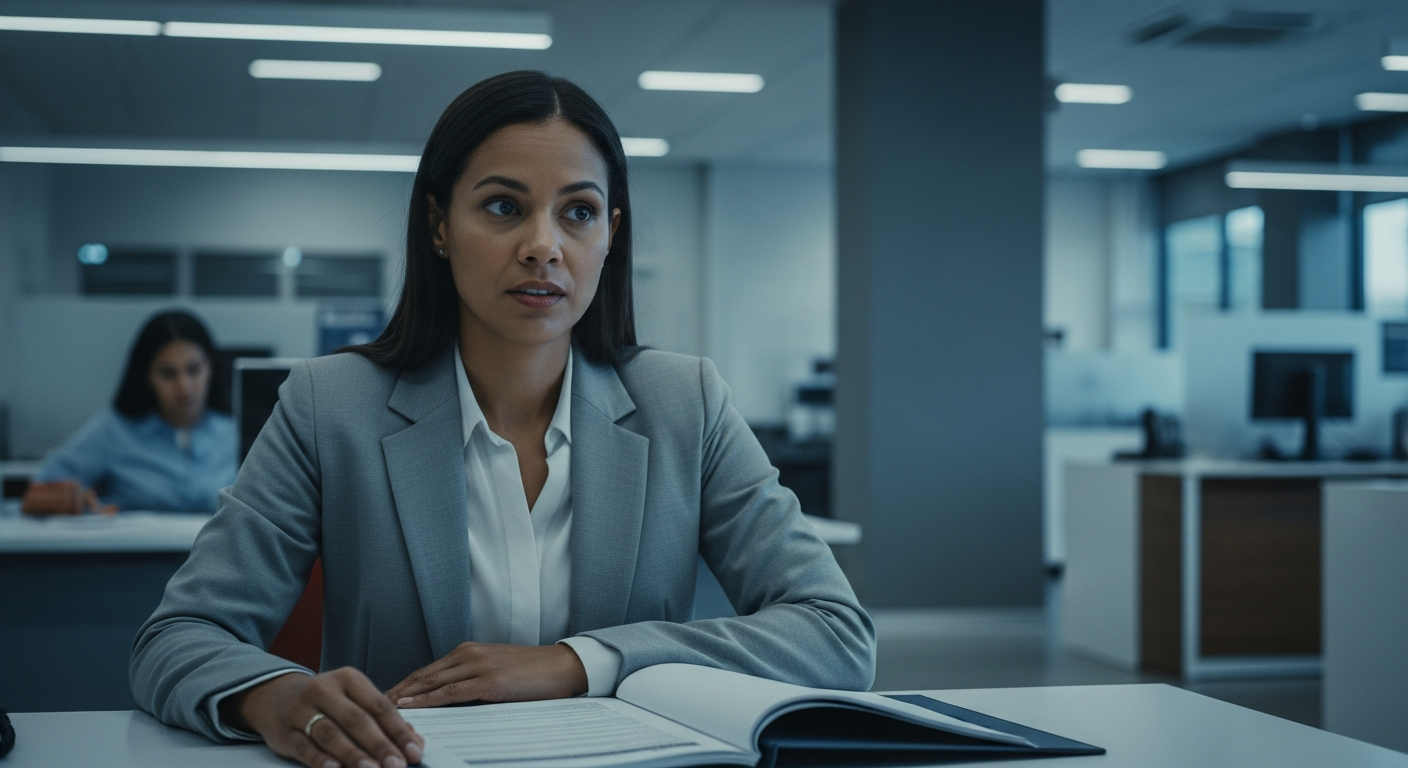 Empresária brasileira sentada em agência bancária com pasta de documentos aguardando análise de crédito PJ