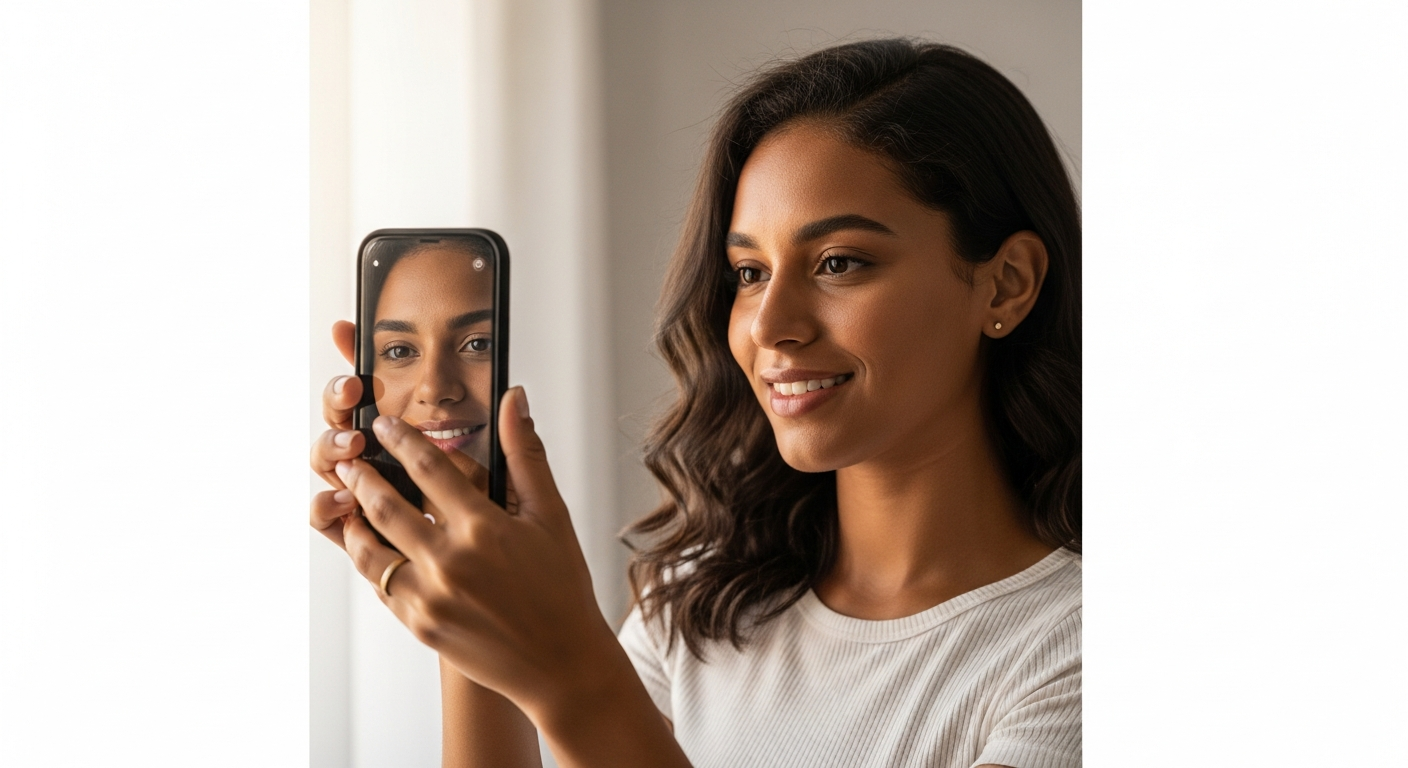 Mulher brasileira tirando selfie no celular para foto de perfil — cadastro Nubank completo