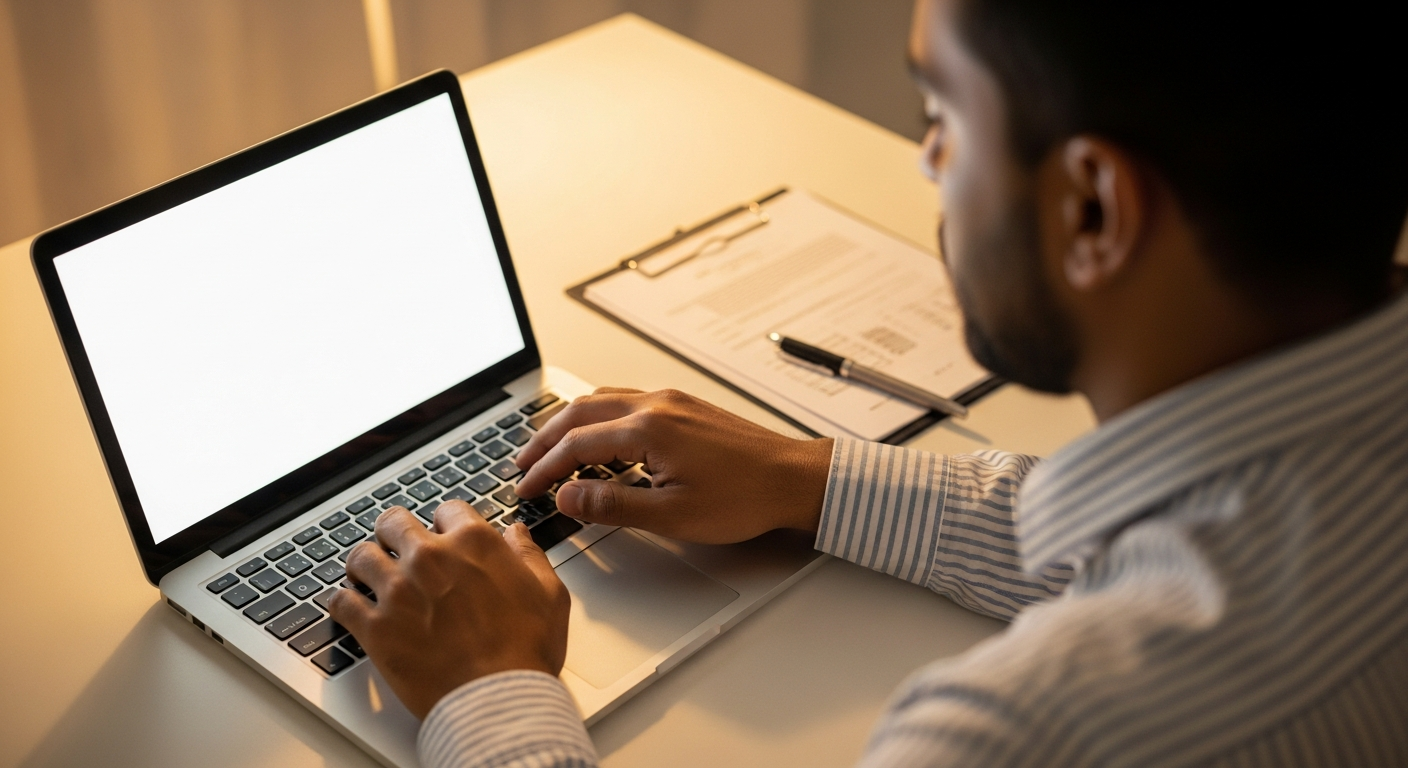 Mãos brasileiras digitando no notebook revisando dados cadastrais — como atualizar perfil Nubank