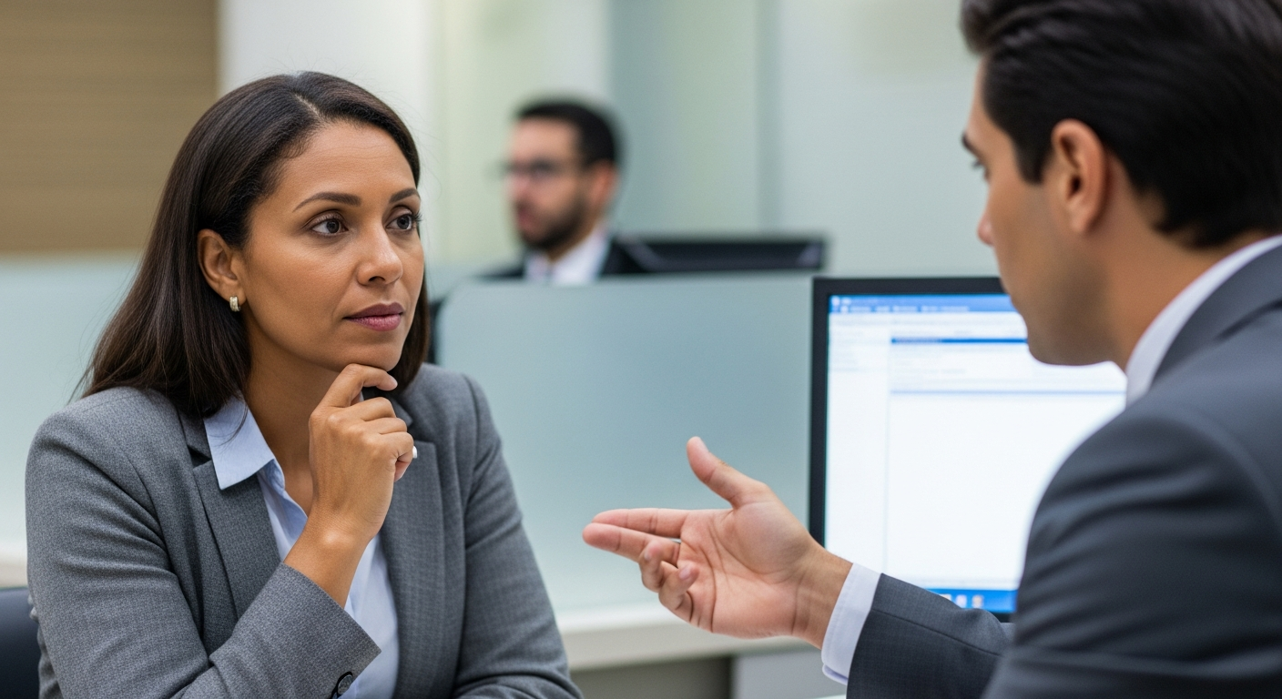 Cliente brasileira com expressão de dúvida em reunião com gerente de banco — rating bancário
