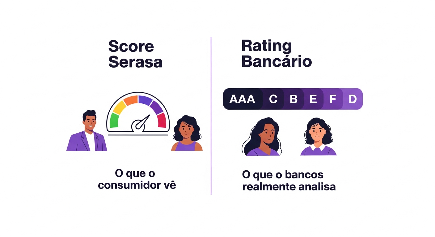 Infográfico comparando Score Serasa e Rating Bancário — diferença entre os dois sistemas de crédito