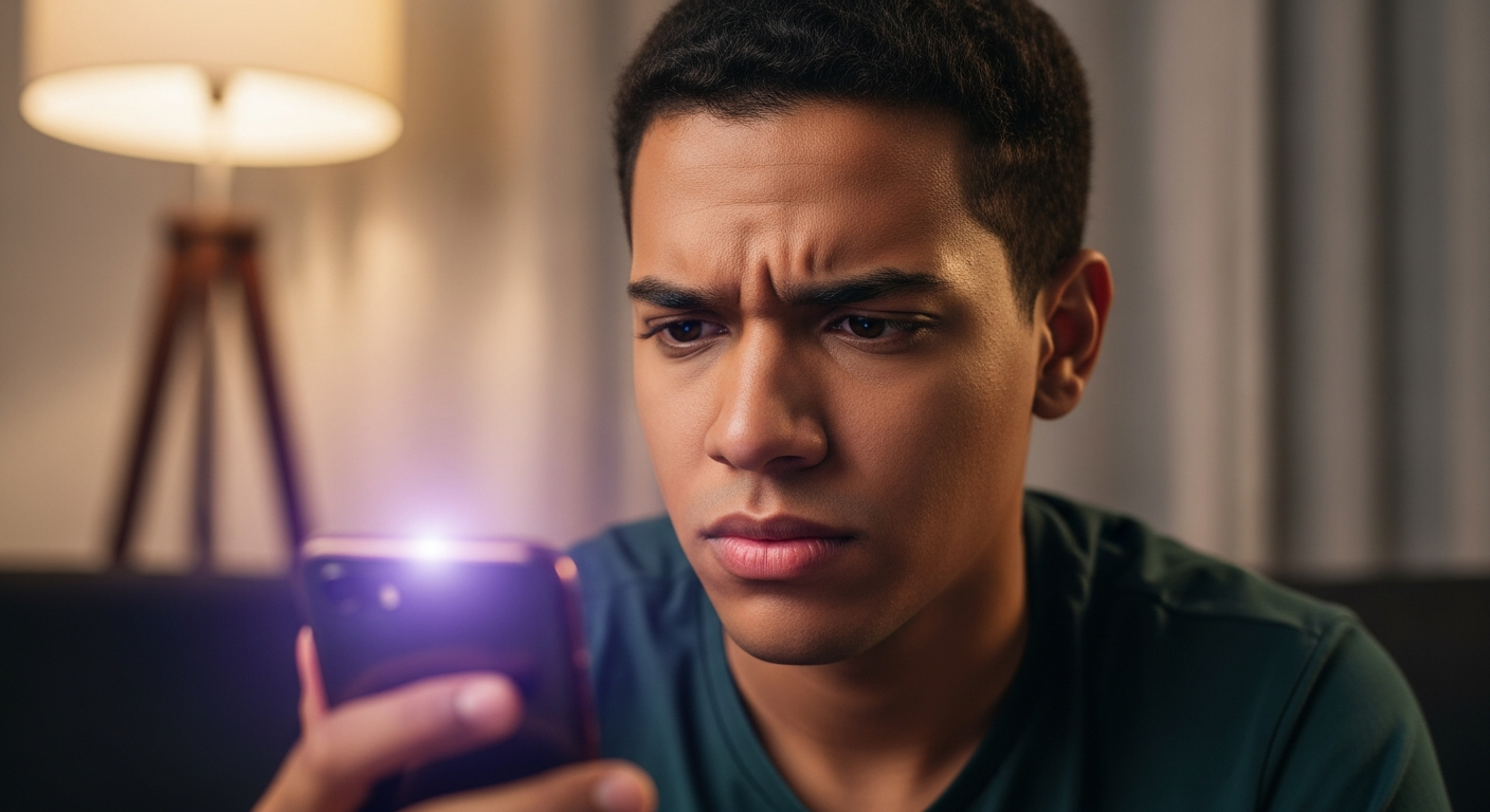 Jovem brasileiro com expressão de frustração segurando celular com luz roxa — limite Nubank travado