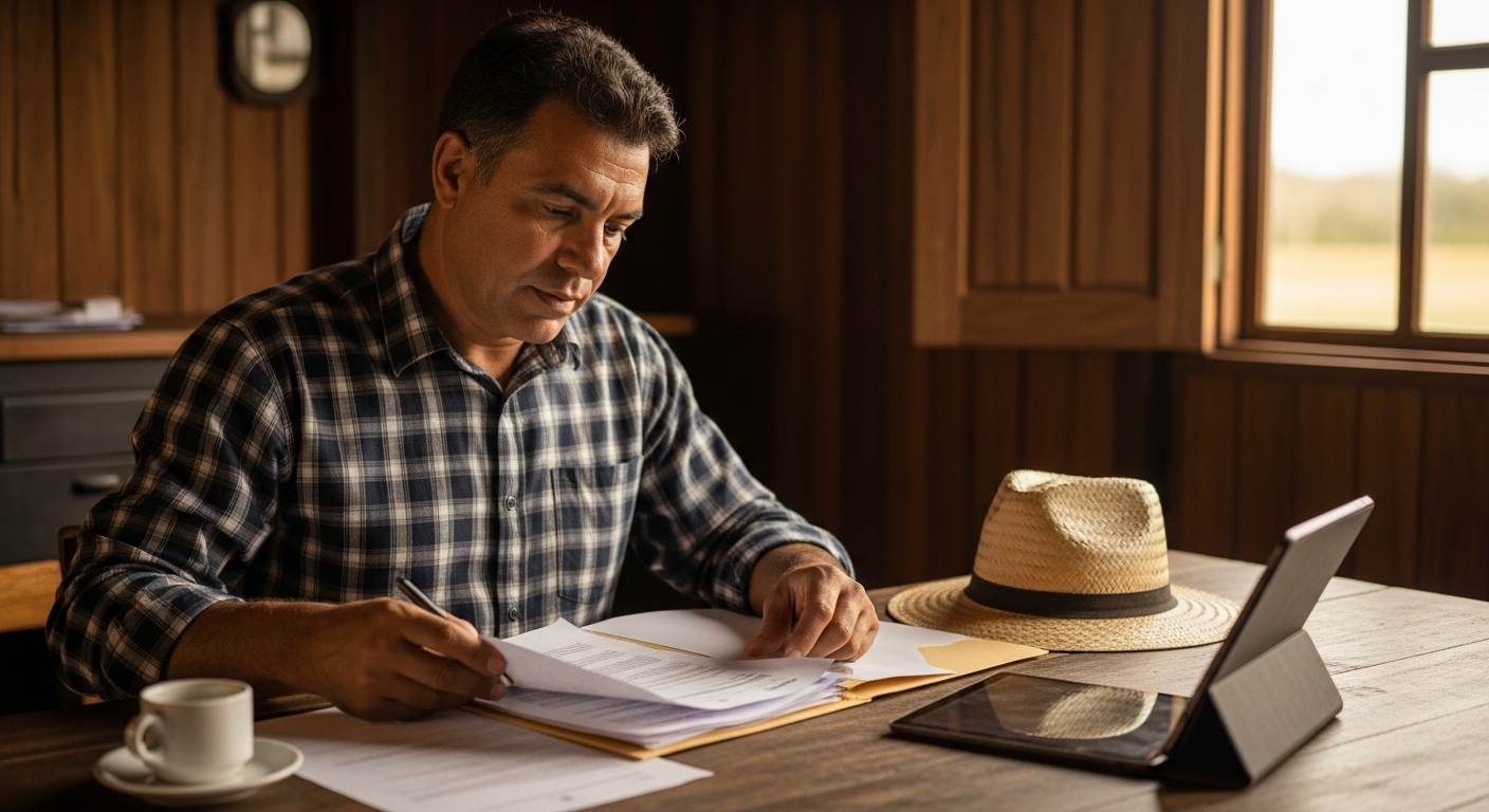 Produtor rural brasileiro revisando documentos para financiamento BNDES FINAM com MEI e CNPJ ativo