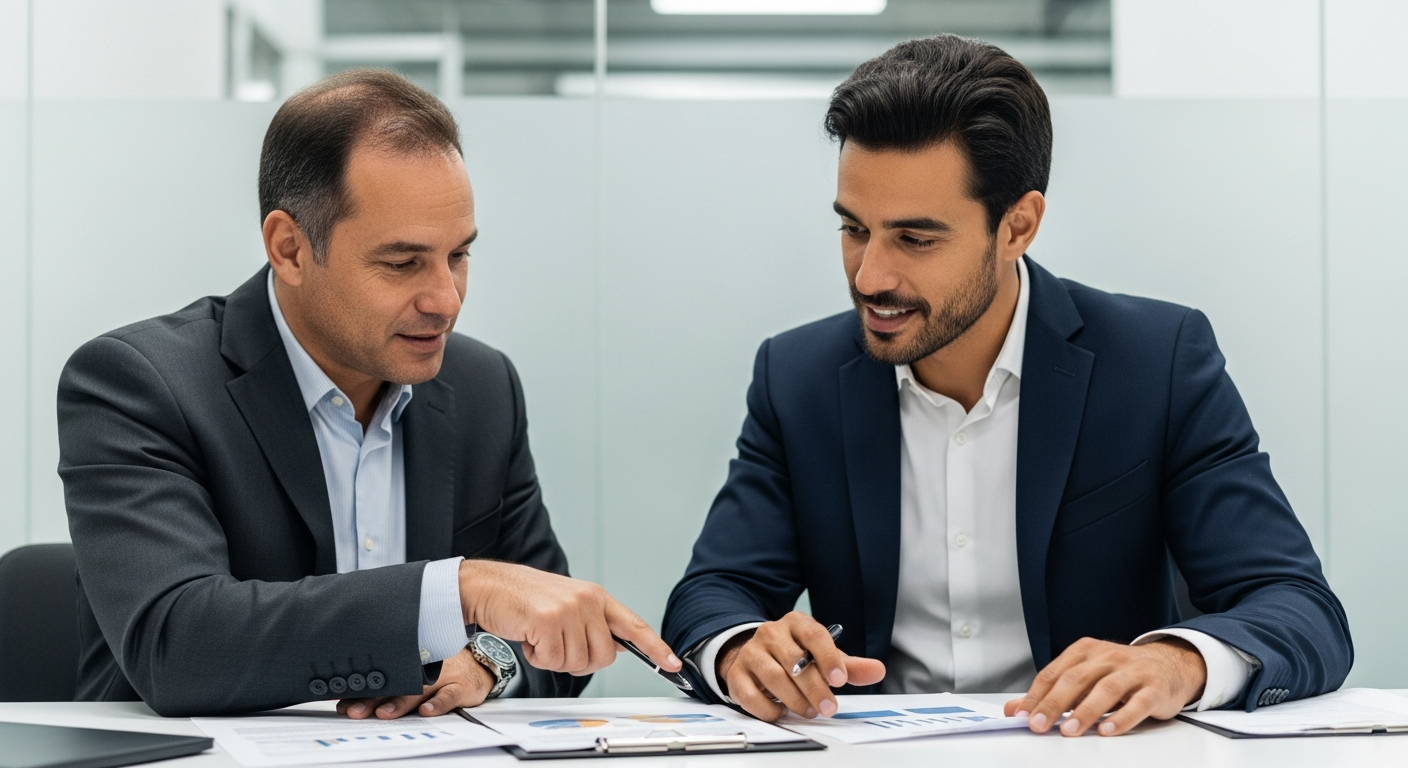 Empresário e gerente bancário brasileiro em reunião para solicitar financiamento BNDES FINAM