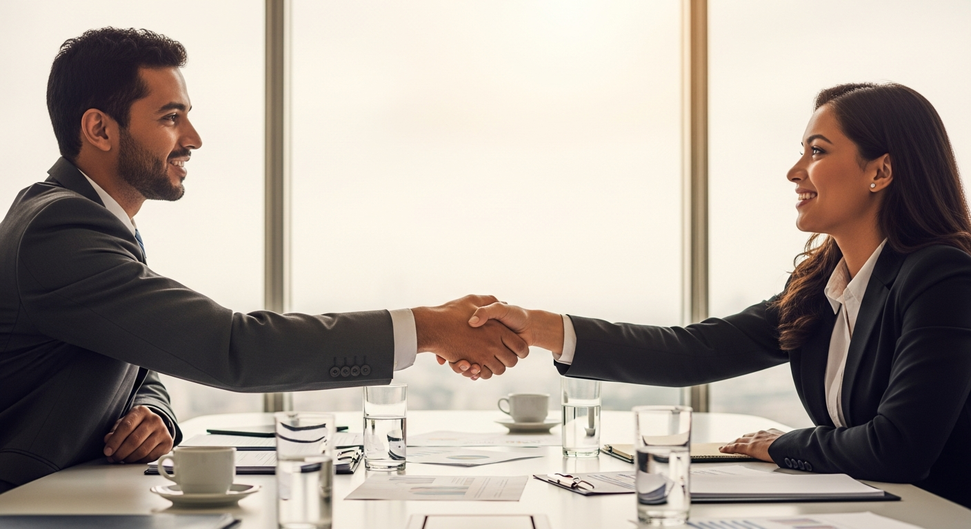 Dois empresários brasileiros fechando contrato B2B com documentos na mesa, contexto de cobrança com boleto bancário