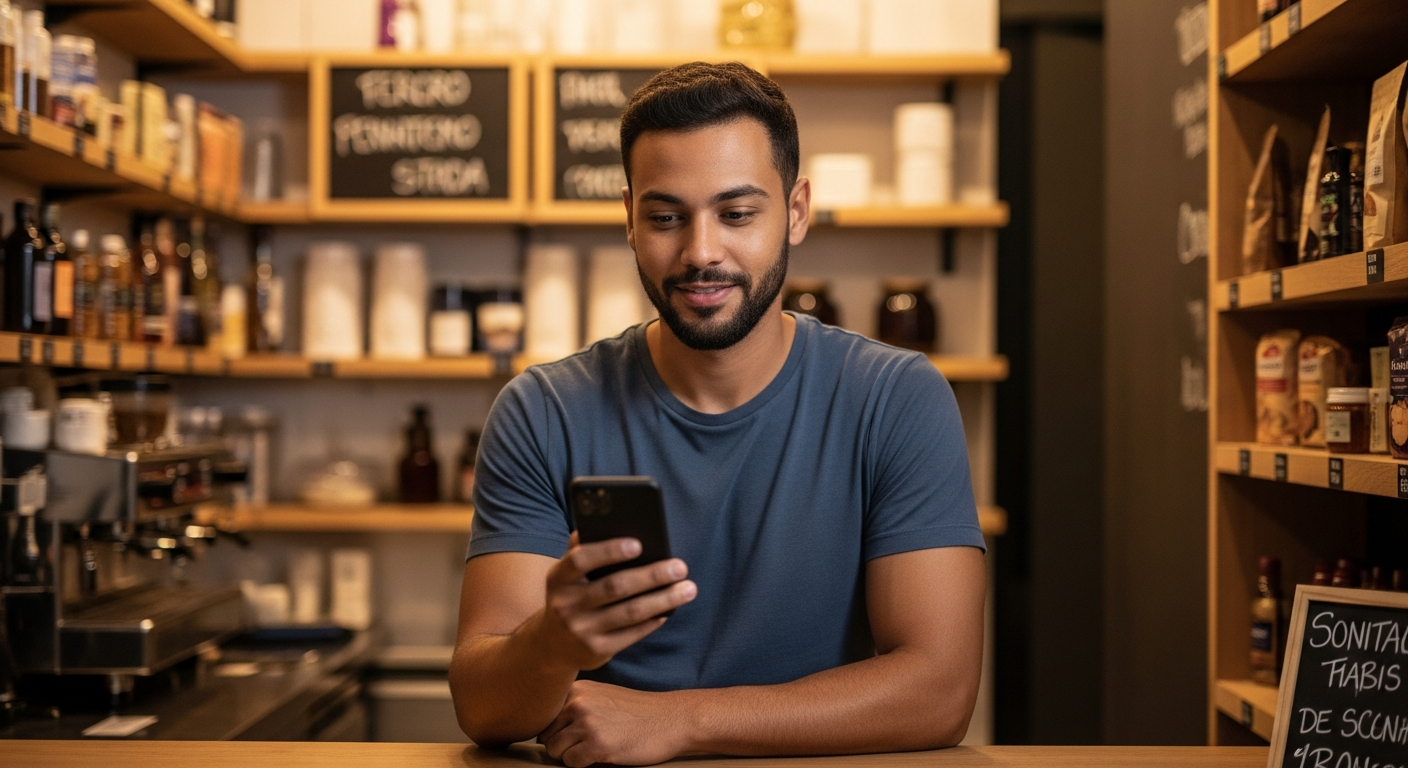 Jovem MEI brasileiro no balcão do seu negócio consultando app bancário para emitir boleto bancário