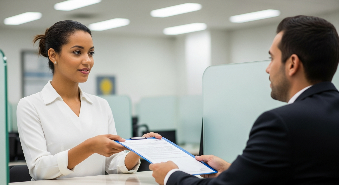 Empreendedora brasileira entregando dossier da empresa para gerente PJ em agência bancária moderna