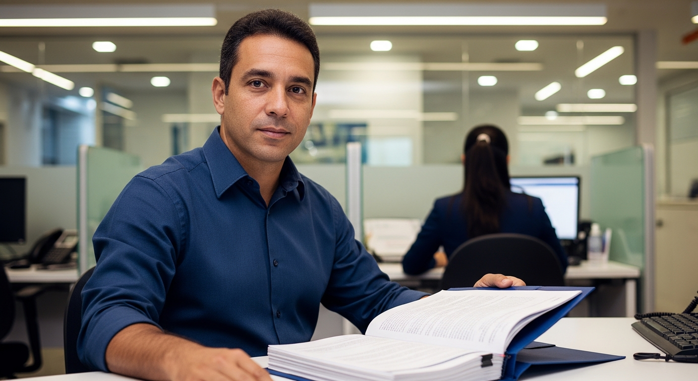 Empreendedor brasileiro confiante apresenta documentos a gerente em agência bancária para solicitar capital de giro MEI
