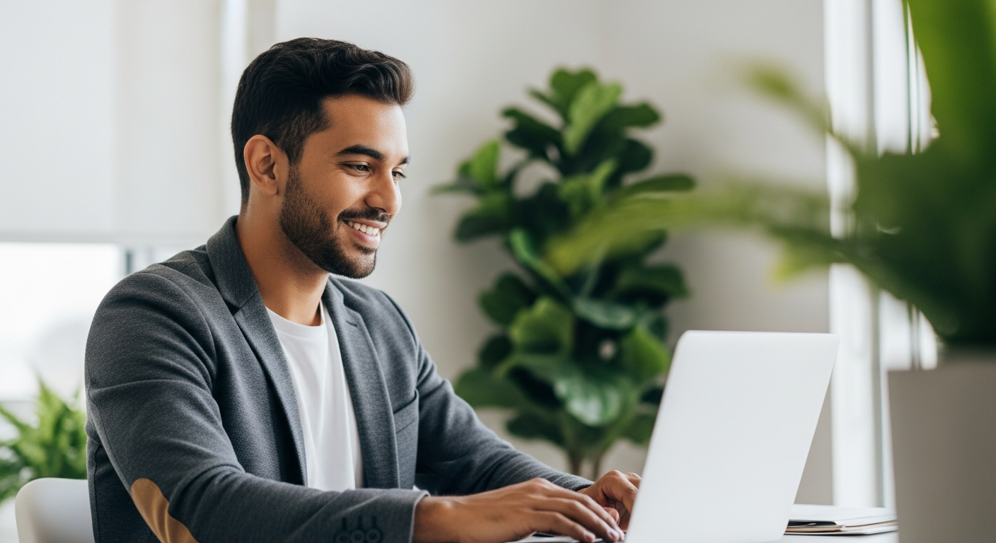 Homem brasileiro jovem em escritório moderno consultando notebook com expressão satisfeita — rating bancário aprovação cartão black