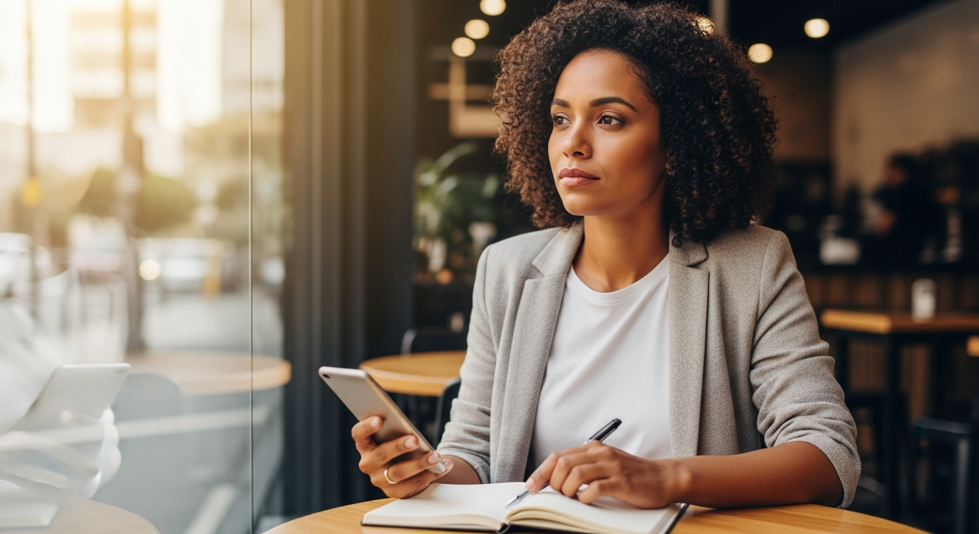 Mulher brasileira em café com caderno e smartphone tomando decisão financeira — escolha melhor cartão black classe média 2025