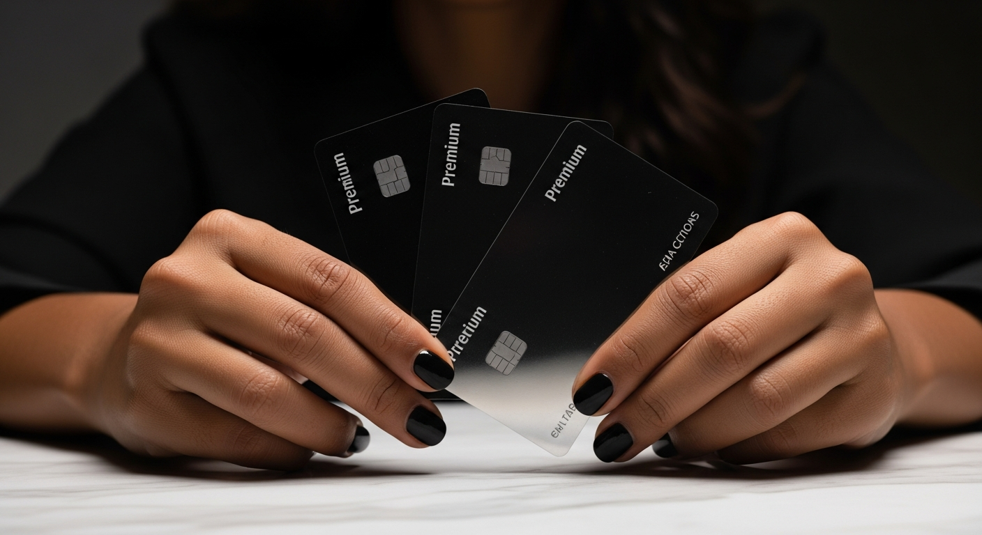 Mão com pele morena segurando três cartões black premium em leque sobre mesa de mármore — comparativo cartão black classe média 2025