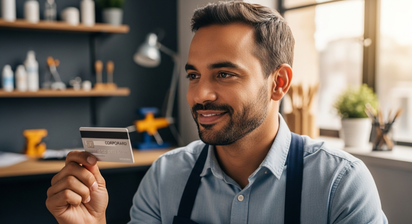 Microempreendedor brasileiro segurando cartão BNDES com expressão confiante em seu pequeno negócio
