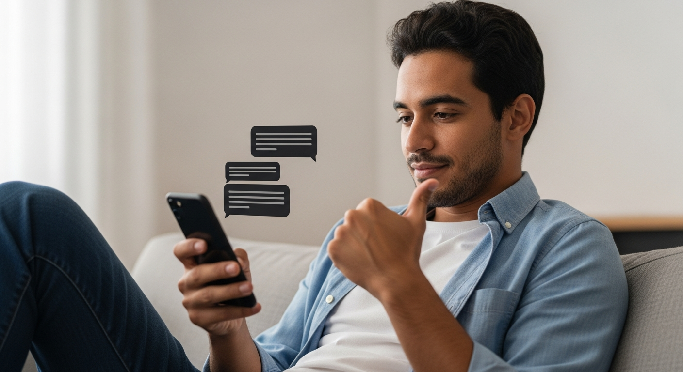 Homem brasileiro usando chat no smartphone para solicitar cartão de crédito com atendente especialista