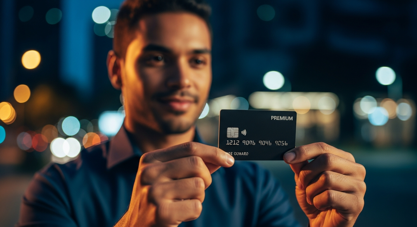Homem brasileiro jovem segurando cartão de crédito preto premium com expressão de conquista