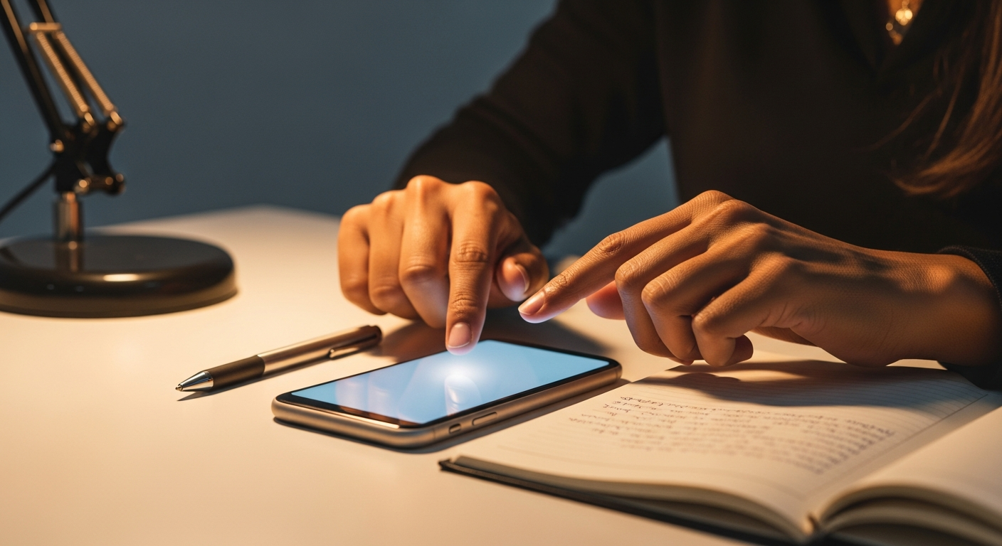 Mãos brasileiras navegando em smartphone ao lado de caderno de anotações sobre mesa
