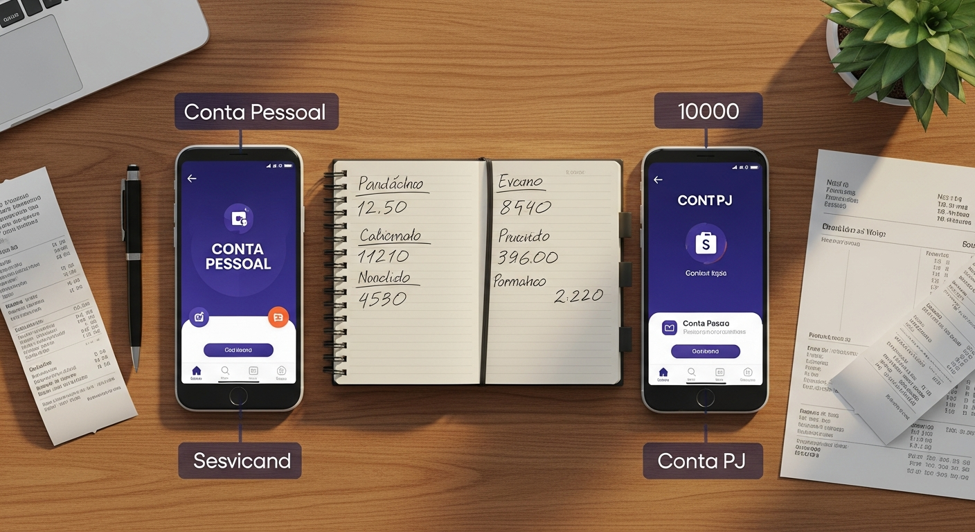 Mesa com dois celulares mostrando apps bancários separados, representando a separação entre conta PF e PJ para MEI