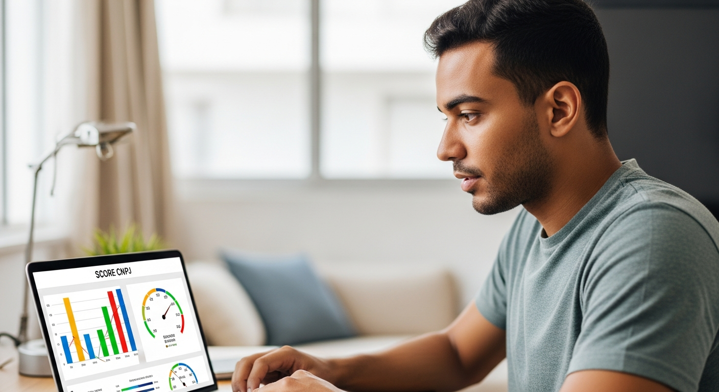 Empreendedor brasileiro consultando score do CNPJ em notebook com dashboard de análise de crédito