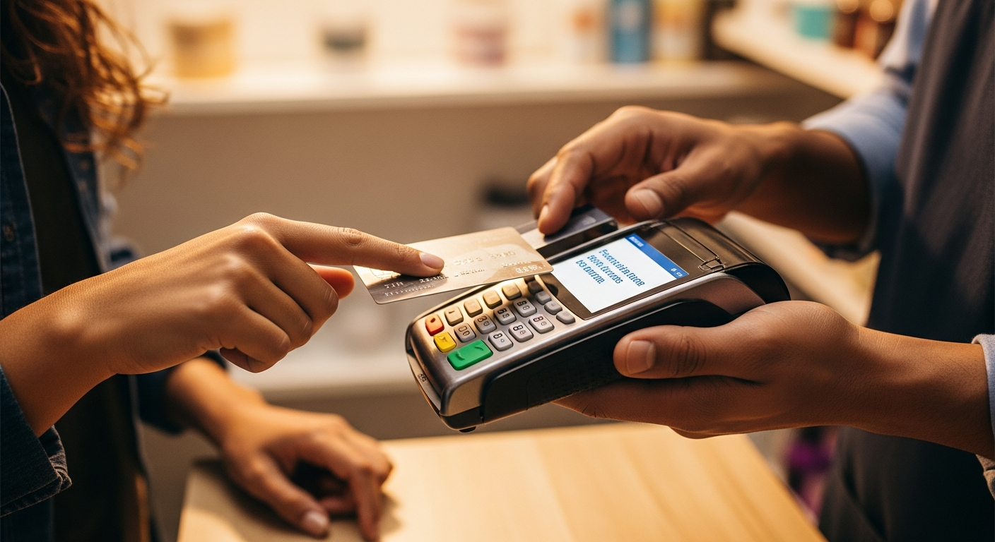 Cliente pagando com cartão em maquininha de pequeno comércio brasileiro, representando recebíveis como estratégia de crédito MEI