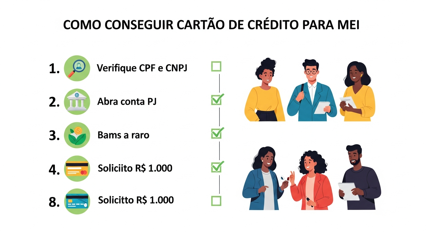 Infográfico com passo a passo de como conseguir cartão de crédito para MEI em 8 etapas