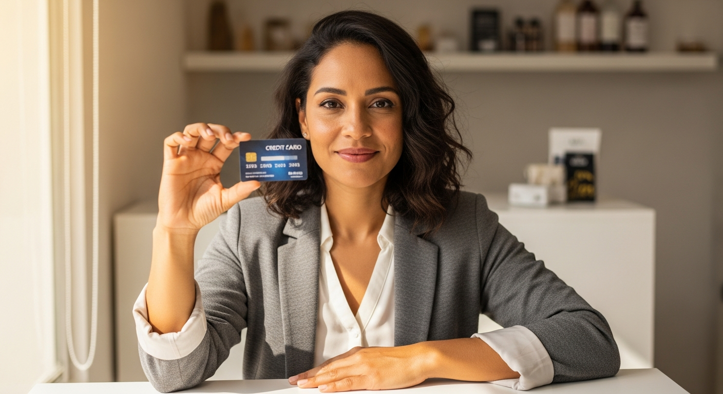Microempreendedora brasileira segurando cartão de crédito empresarial em seu pequeno negócio com expressão de confiança
