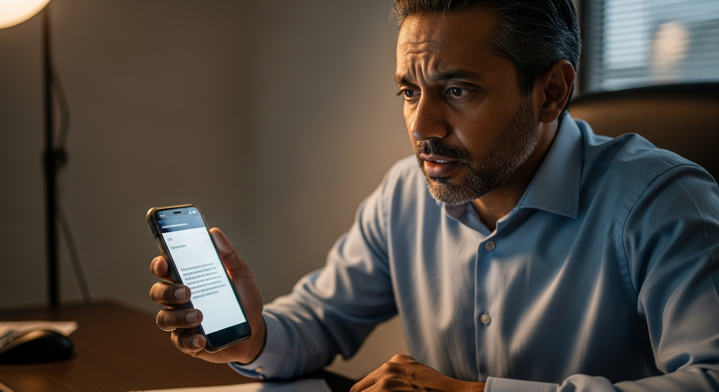 Homem brasileiro olhando preocupado para saldo negativo no celular — cheque especial
