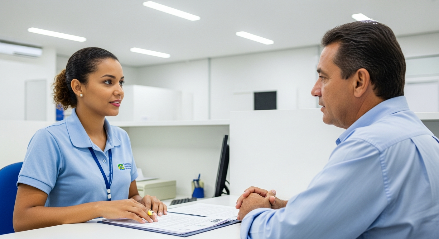 Atendente da Sala do Empreendedor auxiliando empreendedor brasileiro na abertura do MEI com documentos