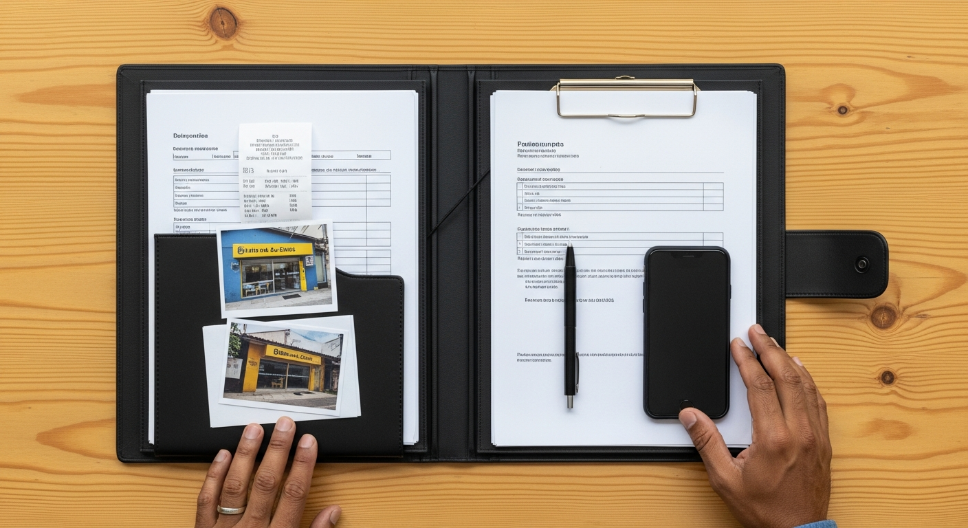 Dossiê empresarial organizado com documentos do MEI sobre mesa — checklist para conseguir capital de giro