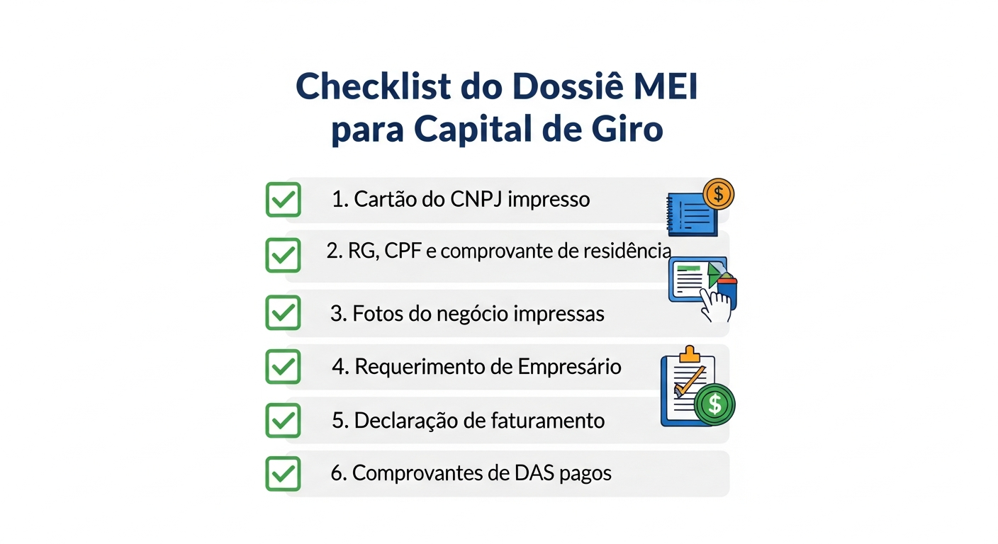 Infográfico checklist do dossiê MEI com os documentos necessários para conseguir capital de giro no banco