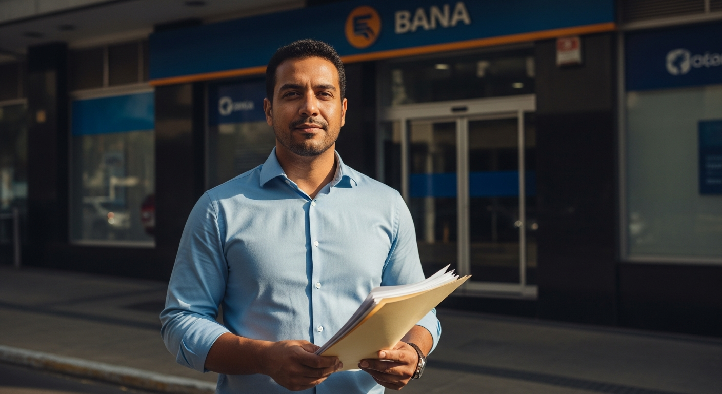 Empreendedor brasileiro com pasta de documentos em frente a agência bancária pronto para pedir capital de giro
