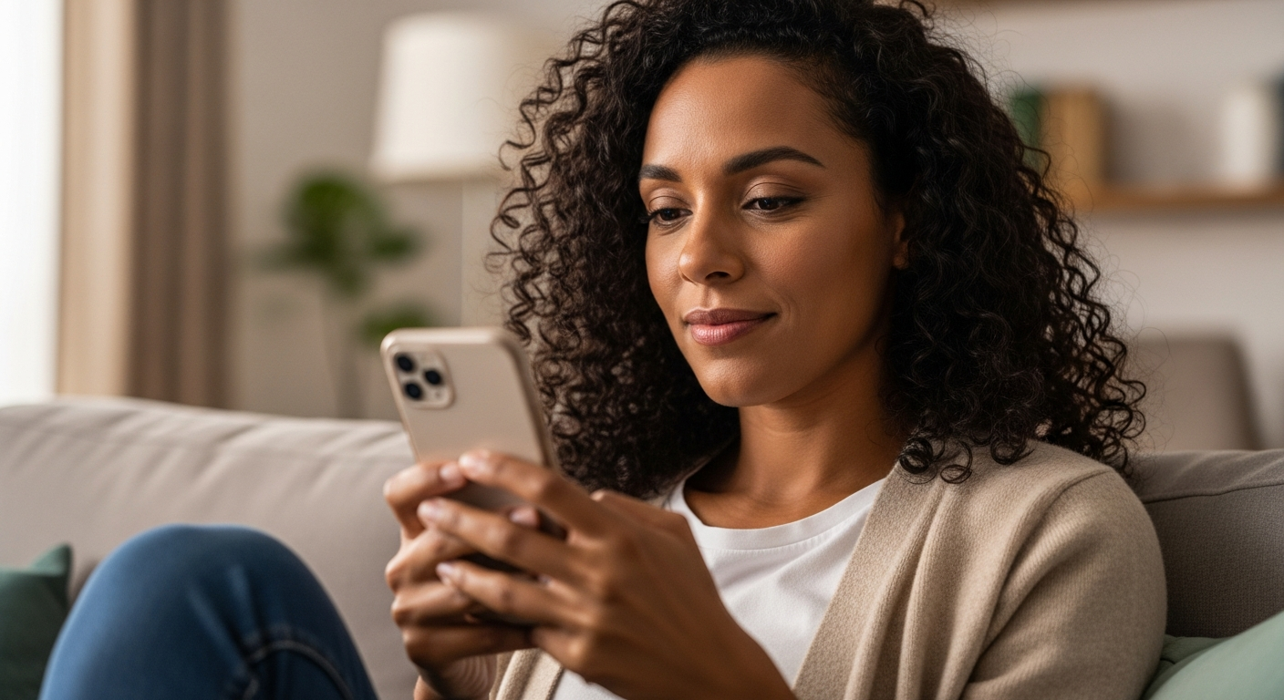 Mulher brasileira usando smartphone em casa com expressão tranquila ao confirmar pagamento de fatura