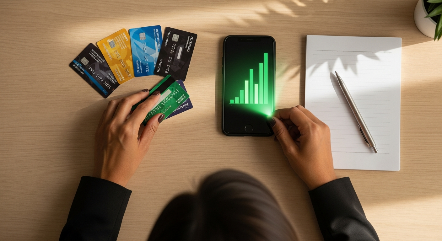 Vista aérea de cartões de crédito organizados em mesa com celular mostrando gráfico financeiro