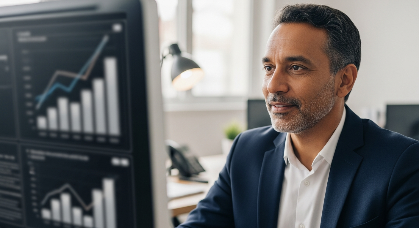 Homem brasileiro em escritório analisando movimentação financeira no computador para aumentar limite do cartão