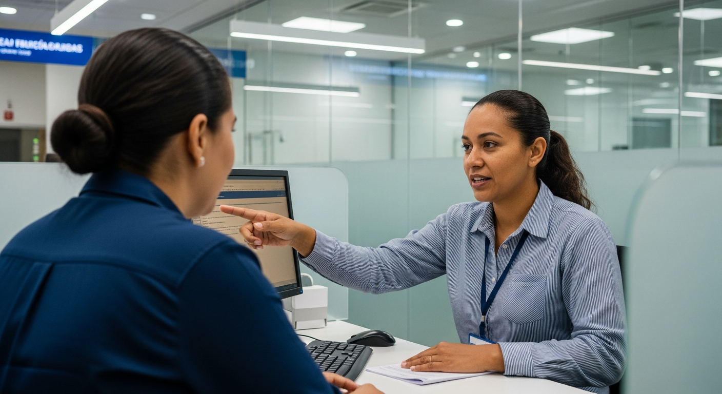 Gerente bancário brasileiro atendendo cliente presencialmente em agência moderna para solicitar aumento de limite