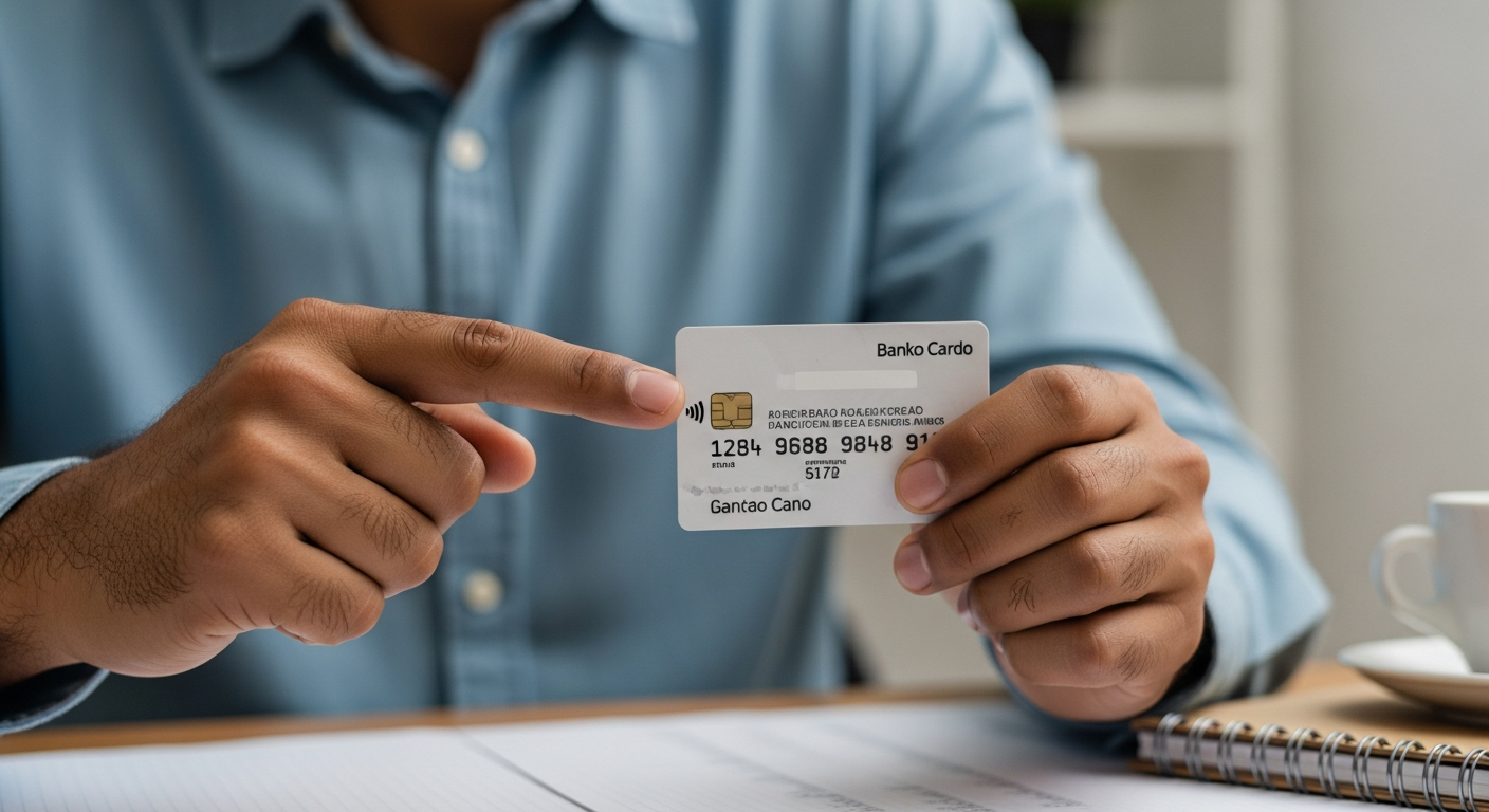 Mão brasileira segurando verso do cartão de crédito indicando banco emissor responsável pelo limite