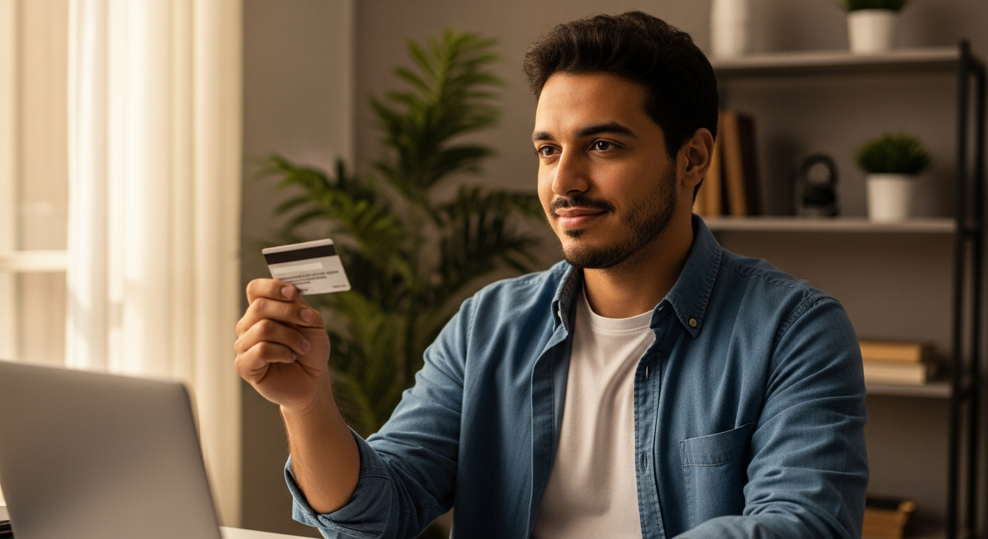 Homem brasileiro segurando cartão de crédito em home office enquanto verifica app do banco no notebook