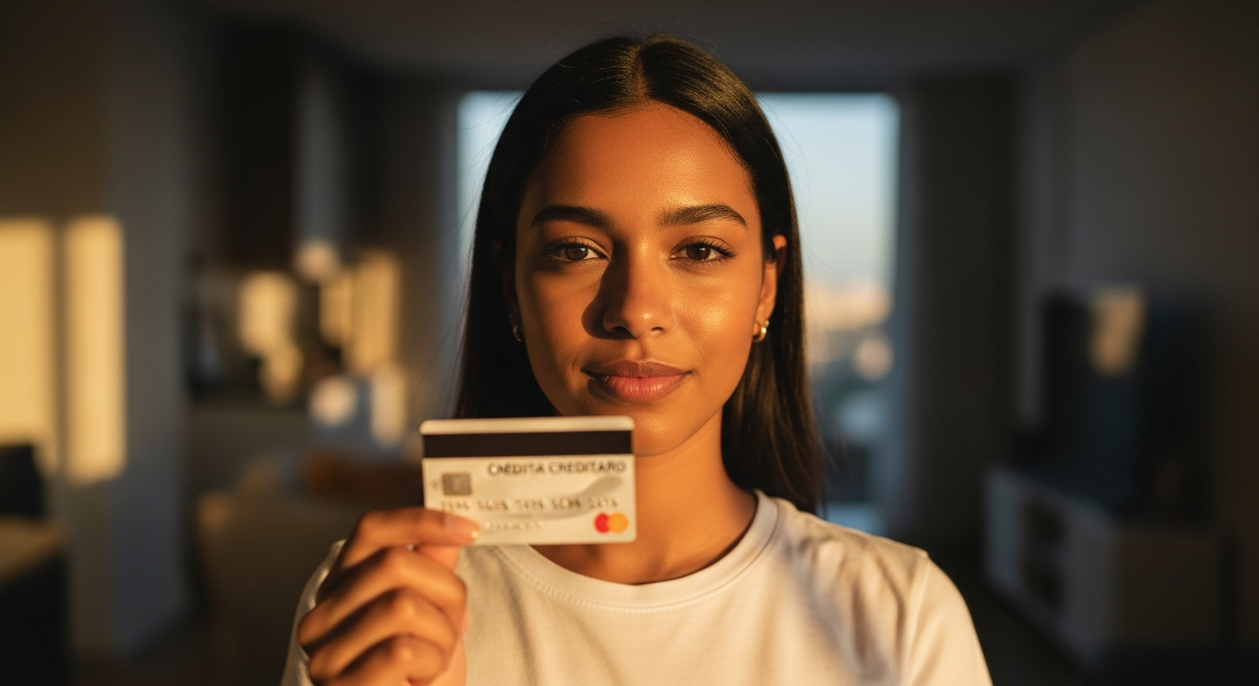 Mulher brasileira segurando cartão de crédito com expressão confiante — como aumentar limite do cartão