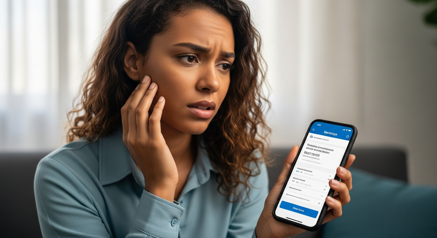 Mulher brasileira com expressão frustrada segurando celular com aplicativo de banco digital aberto