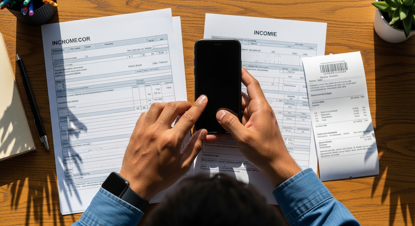 Mãos brasileiras digitando no celular com documentos de renda ao lado representando atualização de cadastro bancário