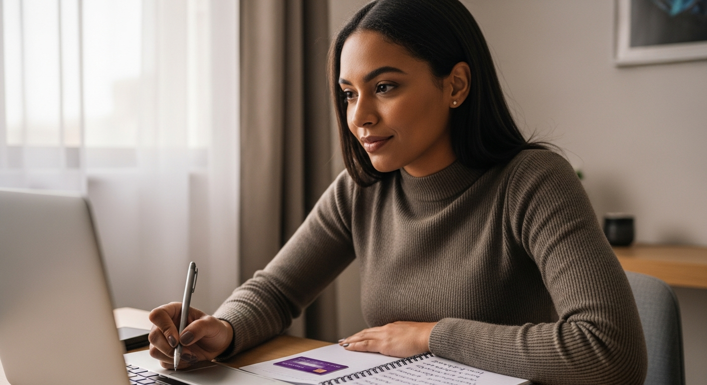 Mulher brasileira organizando finanças pessoais com notebook, caderno e cartão de crédito sobre a mesa