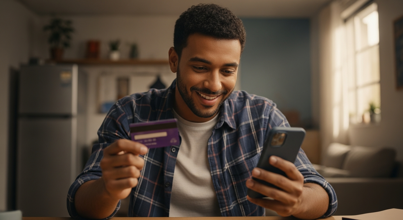 Jovem brasileiro segurando cartão roxo e olhando celular com expressão de surpresa positiva ao ver limite aumentado