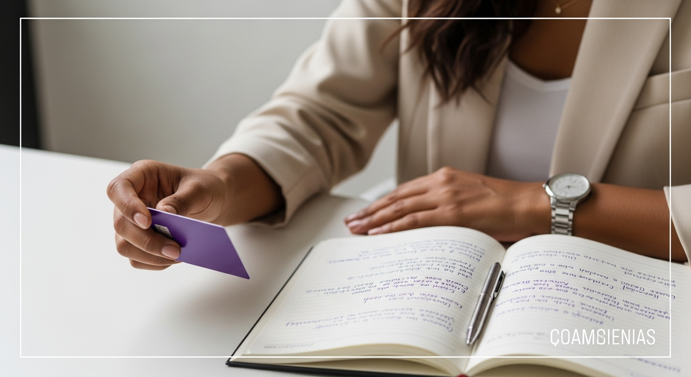 Mão segurando cartão de crédito roxo sobre mesa com caderno — análise de rating bancário interno