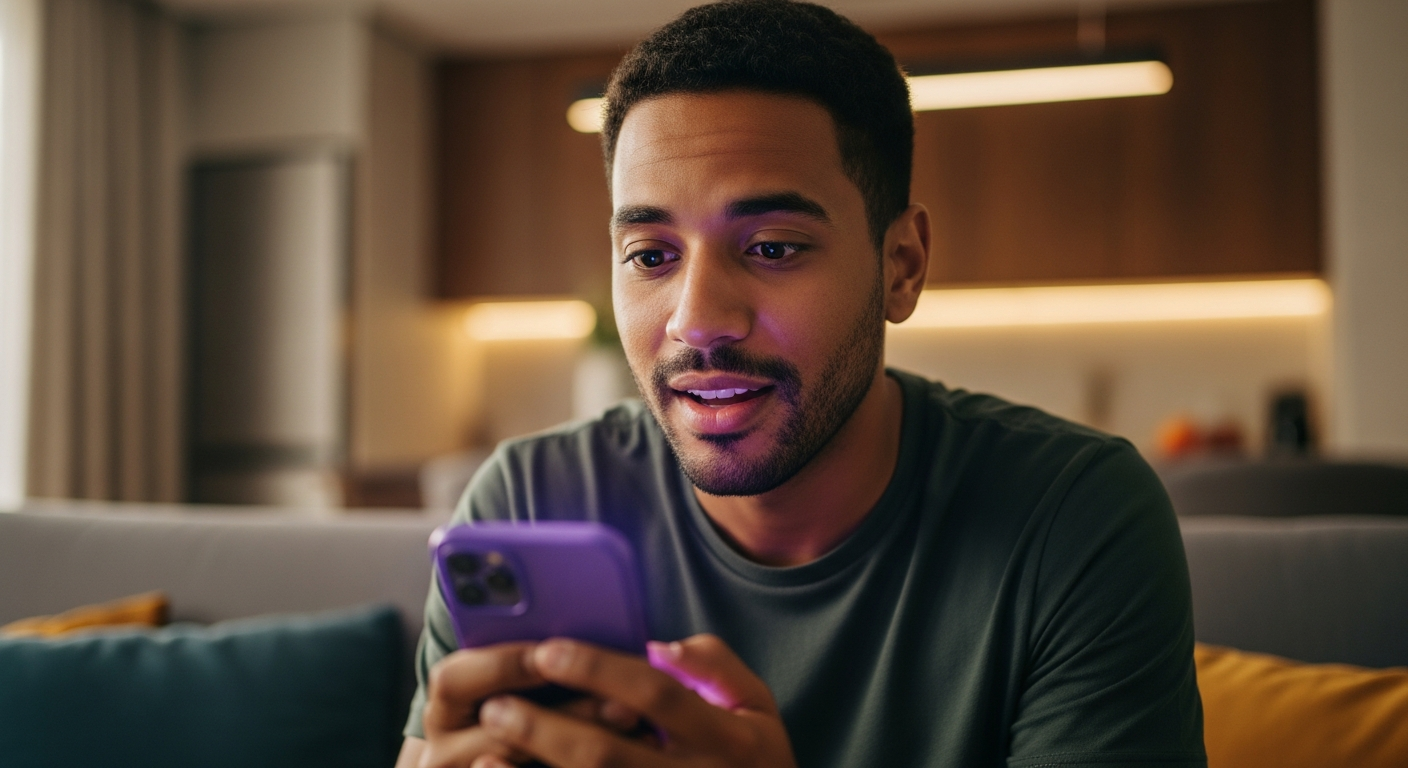 Jovem brasileiro com expressão de alívio olhando para smartphone após conseguir aumentar limite do Nubank