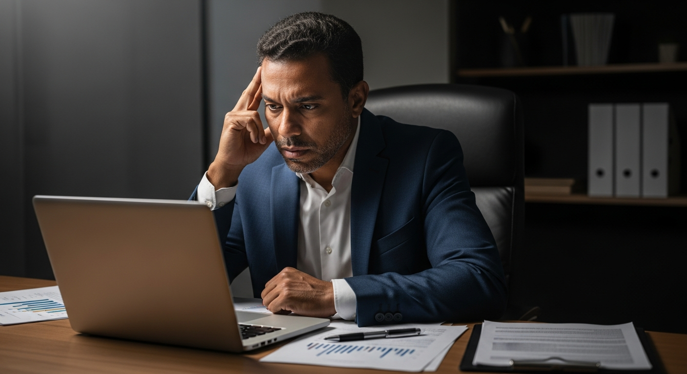 Empresário preocupado verificando score de crédito PJ antes de comprar carro com CNPJ